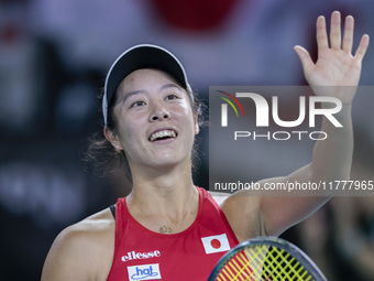 Ena Shibahara of Japan celebrates the victory during the Billie Jean King Cup match between Japan and Romania at Palacio de los Deportes Mar...