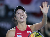 Ena Shibahara of Japan celebrates the victory during the Billie Jean King Cup match between Japan and Romania at Palacio de los Deportes Mar...