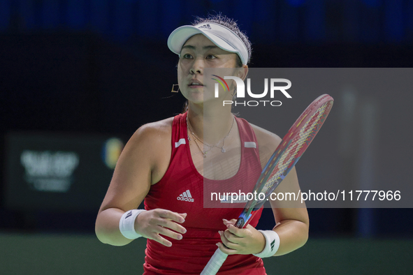 Eri Hozumi of Japan competes during the Billie Jean King Cup match between Japan and Romania at Palacio de los Deportes Martin Carpena in Ma...