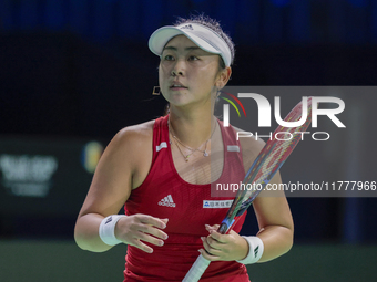 Eri Hozumi of Japan competes during the Billie Jean King Cup match between Japan and Romania at Palacio de los Deportes Martin Carpena in Ma...