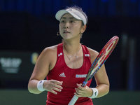 Eri Hozumi of Japan competes during the Billie Jean King Cup match between Japan and Romania at Palacio de los Deportes Martin Carpena in Ma...