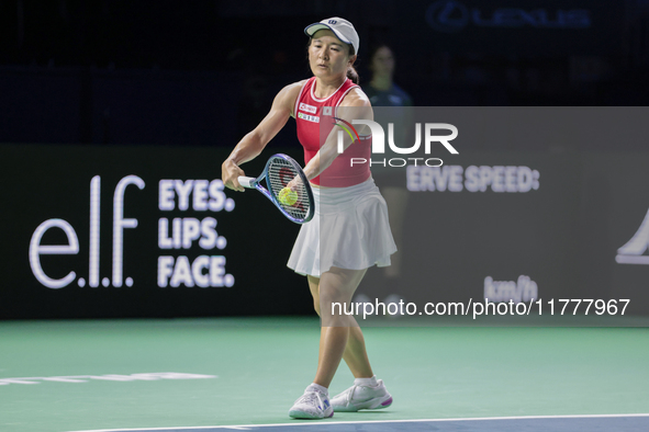 Shuko Aoyama of Japan competes during the Billie Jean King Cup match between Japan and Romania at Palacio de los Deportes Martin Carpena in...