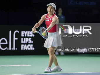 Shuko Aoyama of Japan competes during the Billie Jean King Cup match between Japan and Romania at Palacio de los Deportes Martin Carpena in...