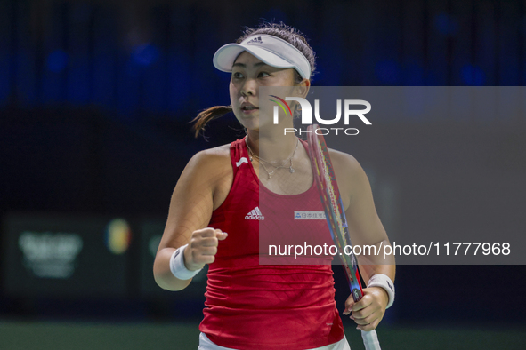 Eri Hozumi of Japan celebrates a point during the Billie Jean King Cup match between Japan and Romania at Palacio de los Deportes Martin Car...