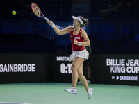 Eri Hozumi of Japan plays a forehand during the Billie Jean King Cup match between Japan and Romania at Palacio de los Deportes Martin Carpe...