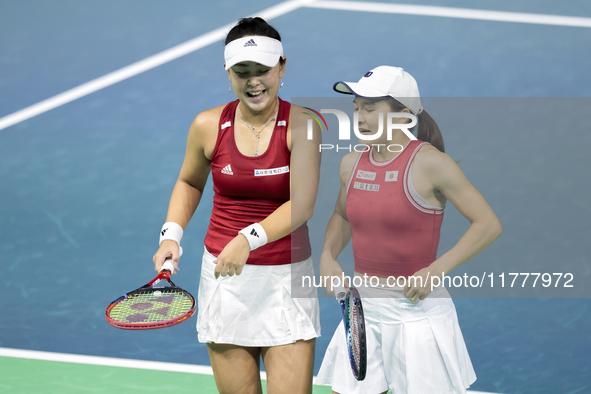 Shuko Aoyama of Japan and Eri Hozumi of Japan participate in the Billie Jean King Cup match between Japan and Romania at Palacio de los Depo...