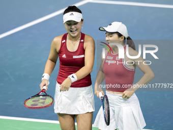 Shuko Aoyama of Japan and Eri Hozumi of Japan participate in the Billie Jean King Cup match between Japan and Romania at Palacio de los Depo...