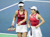 Shuko Aoyama of Japan and Eri Hozumi of Japan participate in the Billie Jean King Cup match between Japan and Romania at Palacio de los Depo...