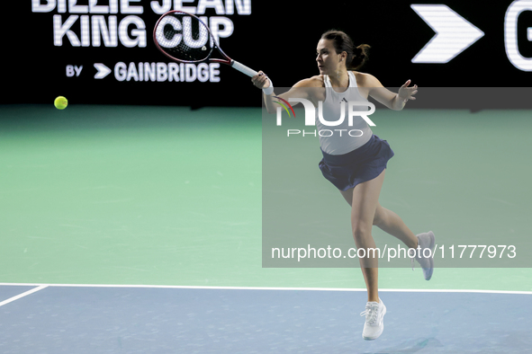 Elena Gabriela Ruse of Romania plays a forehand during the Billie Jean King Cup match between Japan and Romania at Palacio de los Deportes M...