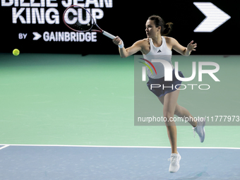 Elena Gabriela Ruse of Romania plays a forehand during the Billie Jean King Cup match between Japan and Romania at Palacio de los Deportes M...