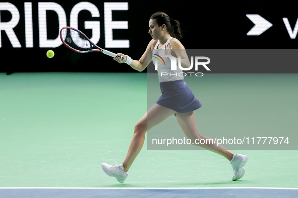 Elena Gabriela Ruse of Romania plays a forehand during the Billie Jean King Cup match between Japan and Romania at Palacio de los Deportes M...