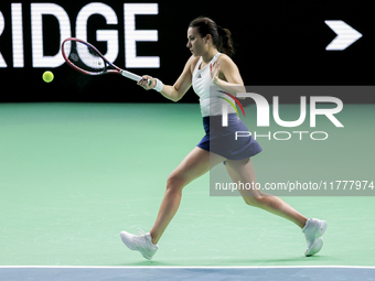 Elena Gabriela Ruse of Romania plays a forehand during the Billie Jean King Cup match between Japan and Romania at Palacio de los Deportes M...