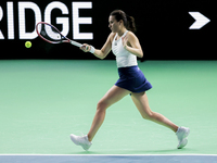 Elena Gabriela Ruse of Romania plays a forehand during the Billie Jean King Cup match between Japan and Romania at Palacio de los Deportes M...