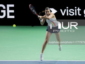 Elena Gabriela Ruse of Romania plays a backhand during the Billie Jean King Cup match between Japan and Romania at Palacio de los Deportes M...