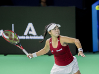 Eri Hozumi of Japan plays a forehand during the Billie Jean King Cup match between Japan and Romania at Palacio de los Deportes Martin Carpe...