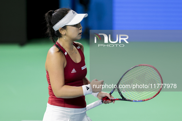 Eri Hozumi of Japan celebrates a point during the Billie Jean King Cup match between Japan and Romania at Palacio de los Deportes Martin Car...