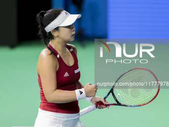 Eri Hozumi of Japan celebrates a point during the Billie Jean King Cup match between Japan and Romania at Palacio de los Deportes Martin Car...