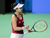 Eri Hozumi of Japan celebrates a point during the Billie Jean King Cup match between Japan and Romania at Palacio de los Deportes Martin Car...