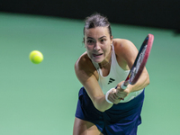 Elena Gabriela Ruse of Romania plays a backhand during the Billie Jean King Cup match between Japan and Romania at Palacio de los Deportes M...