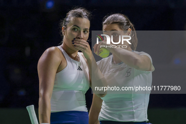 Monica Niculescu of Romania and Elena Gabriela Ruse of Romania participate in the Billie Jean King Cup match between Japan and Romania at Pa...