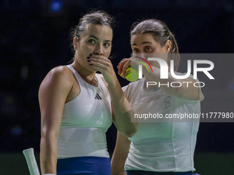 Monica Niculescu of Romania and Elena Gabriela Ruse of Romania participate in the Billie Jean King Cup match between Japan and Romania at Pa...