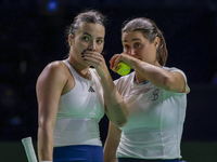 Monica Niculescu of Romania and Elena Gabriela Ruse of Romania participate in the Billie Jean King Cup match between Japan and Romania at Pa...