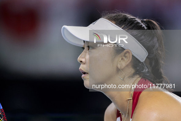 Eri Hozumi of Japan competes during the Billie Jean King Cup match between Japan and Romania at Palacio de los Deportes Martin Carpena in Ma...