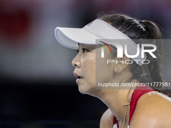 Eri Hozumi of Japan competes during the Billie Jean King Cup match between Japan and Romania at Palacio de los Deportes Martin Carpena in Ma...