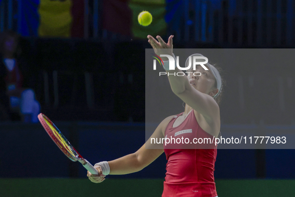 Eri Hozumi of Japan competes during the Billie Jean King Cup match between Japan and Romania at Palacio de los Deportes Martin Carpena in Ma...