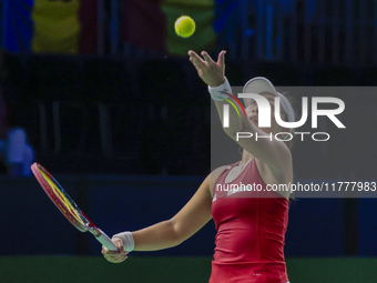 Eri Hozumi of Japan competes during the Billie Jean King Cup match between Japan and Romania at Palacio de los Deportes Martin Carpena in Ma...