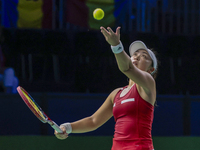 Eri Hozumi of Japan competes during the Billie Jean King Cup match between Japan and Romania at Palacio de los Deportes Martin Carpena in Ma...