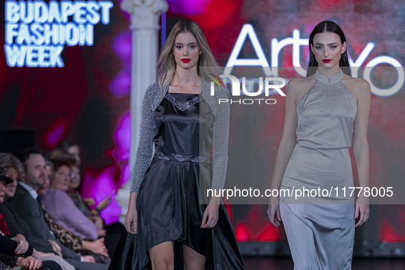 A model presents a creation by Hungarian designer Art & You during Budapest Fashion Week in Budapest, Hungary, on November 14, 2024, at Hall...