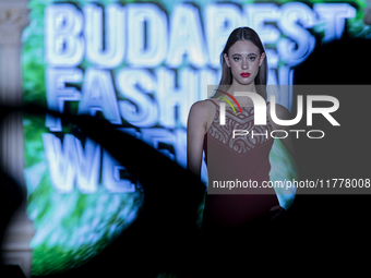 A model presents a creation by Hungarian designer Art & You during Budapest Fashion Week in Budapest, Hungary, on November 14, 2024, at Hall...