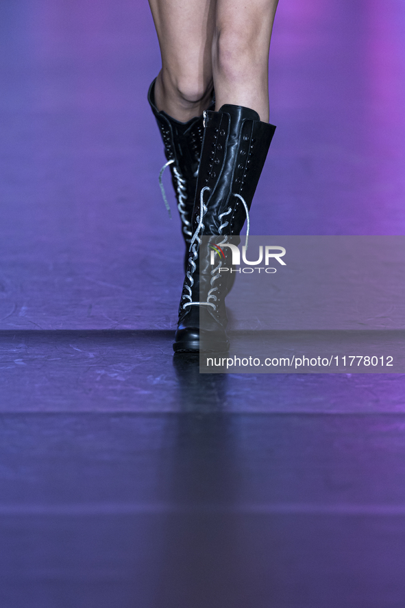 A model presents a creation by Hungarian designer Art & You during Budapest Fashion Week in Budapest, Hungary, on November 14, 2024, at Hall...