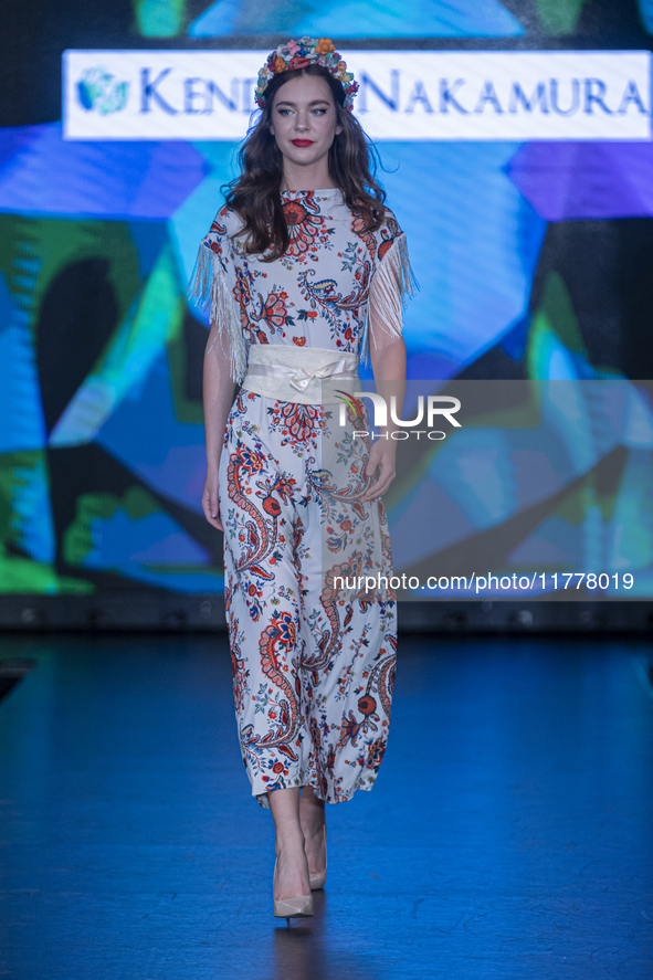 A model presents a creation by French designer Kendra Nakamura during Budapest Fashion Week in Budapest, Hungary, on November 14, 2024, at H...