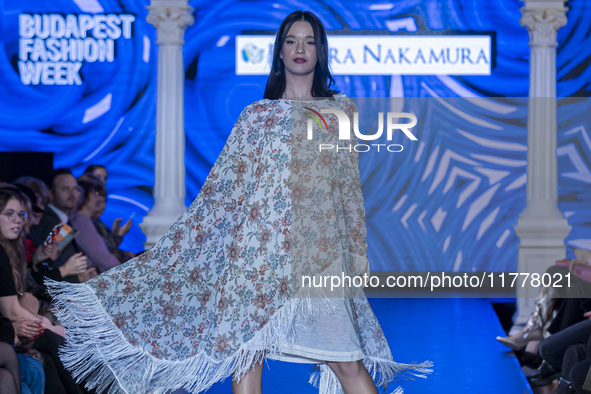 A model presents a creation by French designer Kendra Nakamura during Budapest Fashion Week in Budapest, Hungary, on November 14, 2024, at H...