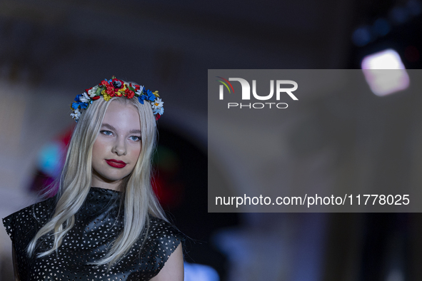 A model presents a creation by French designer Kendra Nakamura during Budapest Fashion Week in Budapest, Hungary, on November 14, 2024, at H...