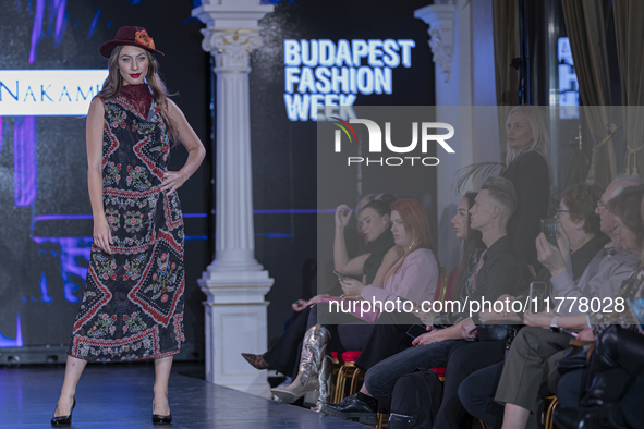 A model presents a creation by French designer Kendra Nakamura during Budapest Fashion Week in Budapest, Hungary, on November 14, 2024, at H...