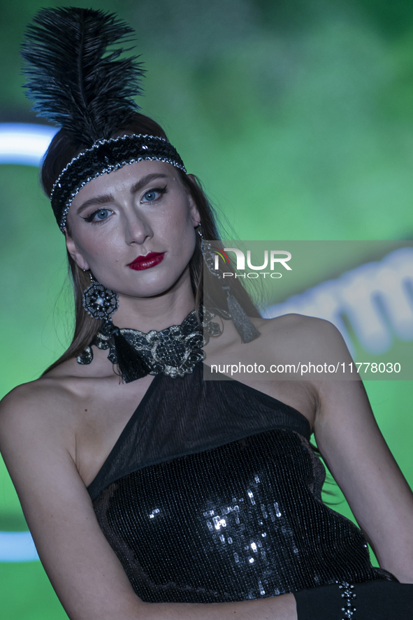 A model presents a creation by Hungarian designer Charmina during Budapest Fashion Week in Budapest, Hungary, on November 14, 2024, at Hall...