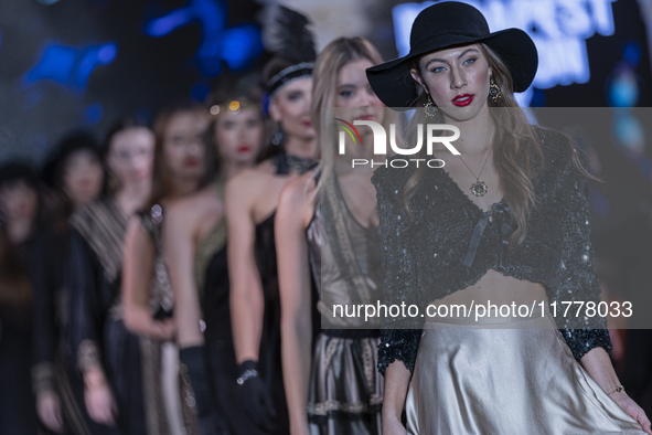 A model presents a creation by Hungarian designer Charmina during Budapest Fashion Week in Budapest, Hungary, on November 14, 2024, at Hall...