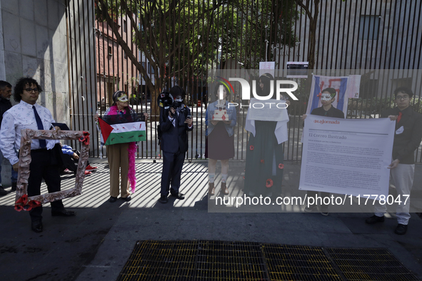 Pro-Palestine activists in Mexico City, Mexico, on November 14, 2024, demonstrate outside the Memory and Tolerance Museum, where they demand...