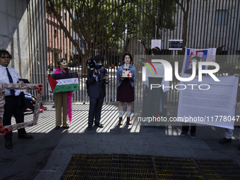 Pro-Palestine activists in Mexico City, Mexico, on November 14, 2024, demonstrate outside the Memory and Tolerance Museum, where they demand...