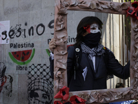 Pro-Palestine activists in Mexico City, Mexico, on November 14, 2024, demonstrate outside the Memory and Tolerance Museum, where they demand...