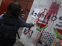 Pro-Palestine activists in Mexico City, Mexico, on November 14, 2024, paint graffiti outside the Memory and Tolerance Museum, where they dem...