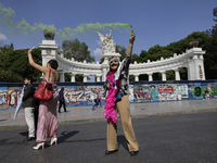 A pro-Palestine activist stands in Mexico City, Mexico, outside the Ministry of Foreign Affairs, where more people demand that Claudia Shein...