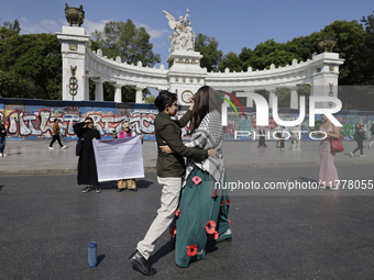 Pro-Palestine activists in Mexico City, Mexico, on November 14, 2024, dance a 15th birthday waltz and demonstrate in the Hemiciclo a Juarez,...