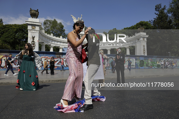 Pro-Palestine activists in Mexico City, Mexico, on November 14, 2024, dance a 15th birthday waltz and demonstrate in the Hemiciclo a Juarez,...