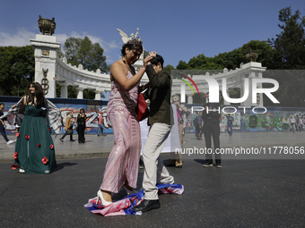 Pro-Palestine activists in Mexico City, Mexico, on November 14, 2024, dance a 15th birthday waltz and demonstrate in the Hemiciclo a Juarez,...