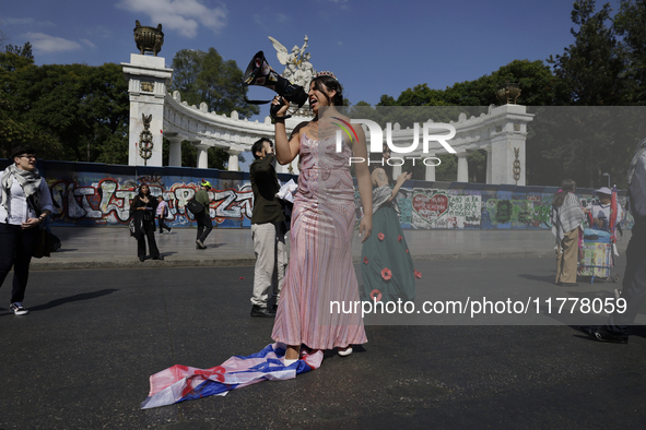 Pro-Palestine activists in Mexico City, Mexico, on November 14, 2024, dance a 15th birthday waltz and demonstrate in the Hemiciclo a Juarez,...