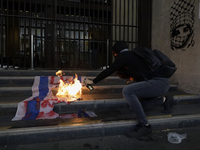 Pro-Palestinian activists in Mexico City, Mexico, on November 14, 2024, burn an Israeli flag outside the Ministry of Foreign Affairs, where...